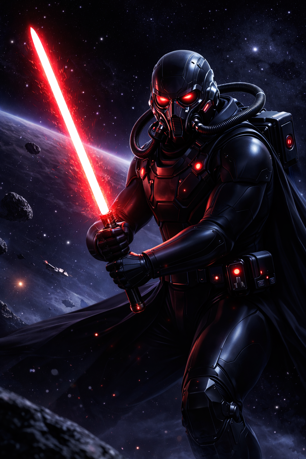 Futuristic masked warrior in space holding a red energy sword